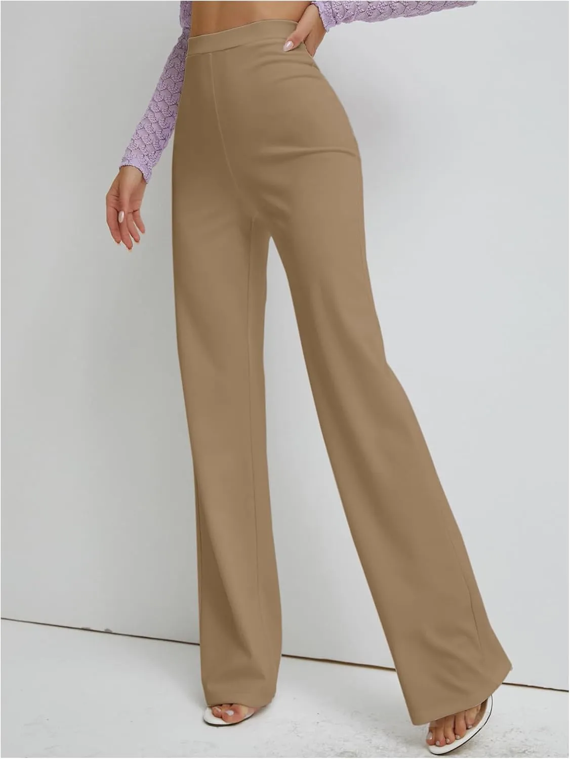 Floerns Women's Elastic High Waist Elegant Solid Striaght Leg Long Pants