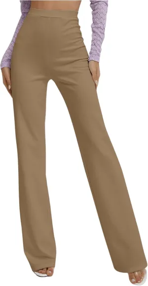 Floerns Women's Elastic High Waist Elegant Solid Striaght Leg Long Pants