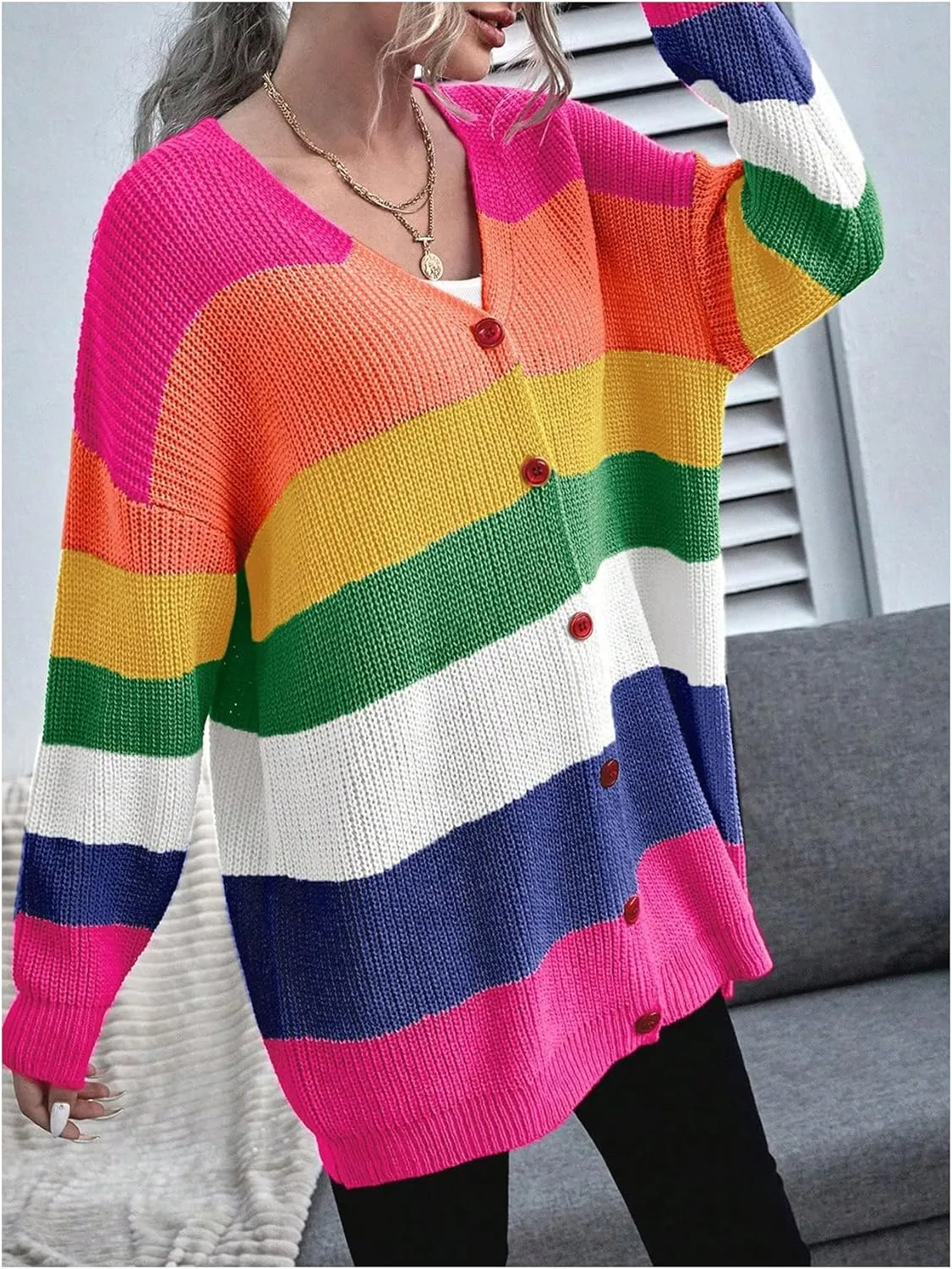 Floerns Women's Rainbow Striped Print Button Front Long Sleeve Cardigan Sweater