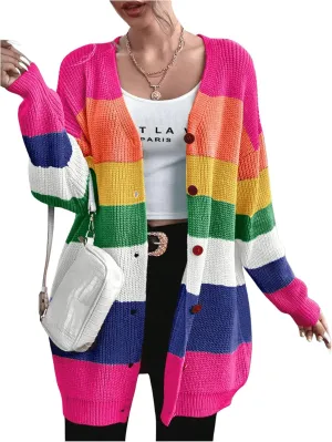 Floerns Women's Rainbow Striped Print Button Front Long Sleeve Cardigan Sweater