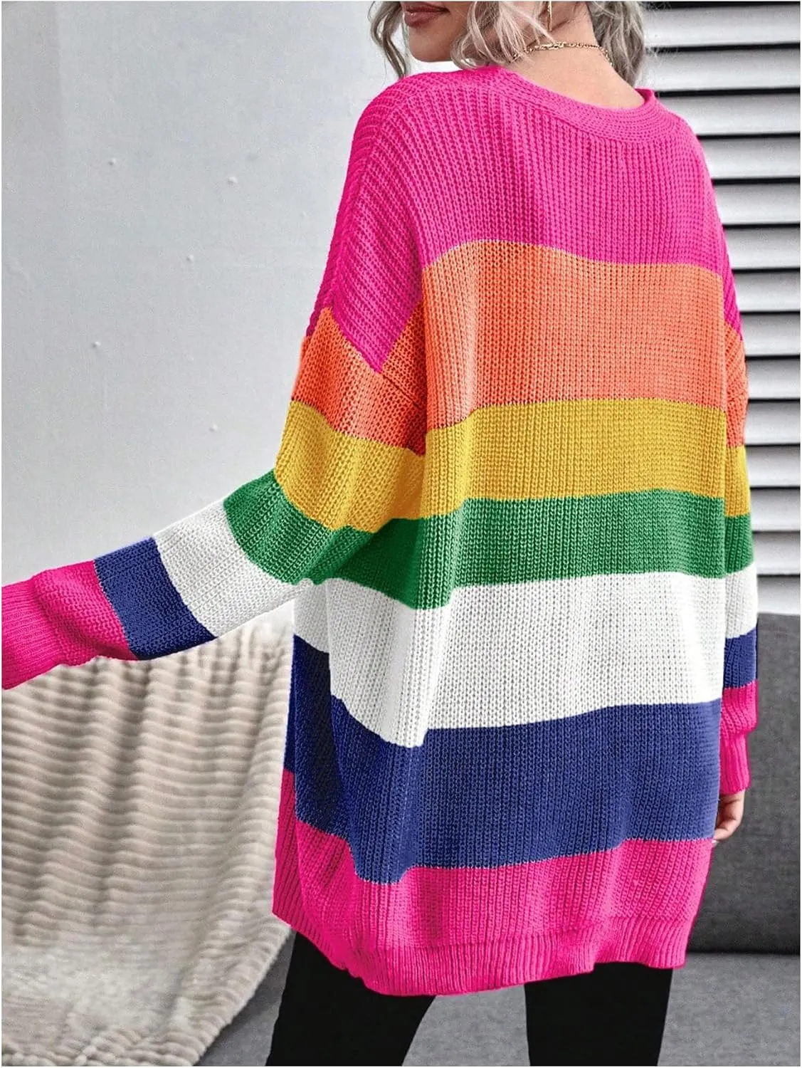 Floerns Women's Rainbow Striped Print Button Front Long Sleeve Cardigan Sweater