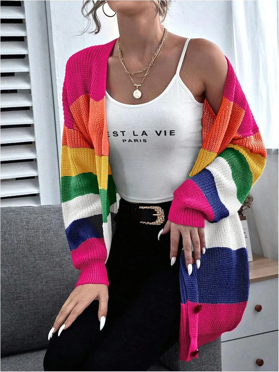 Floerns Women's Rainbow Striped Print Button Front Long Sleeve Cardigan Sweater