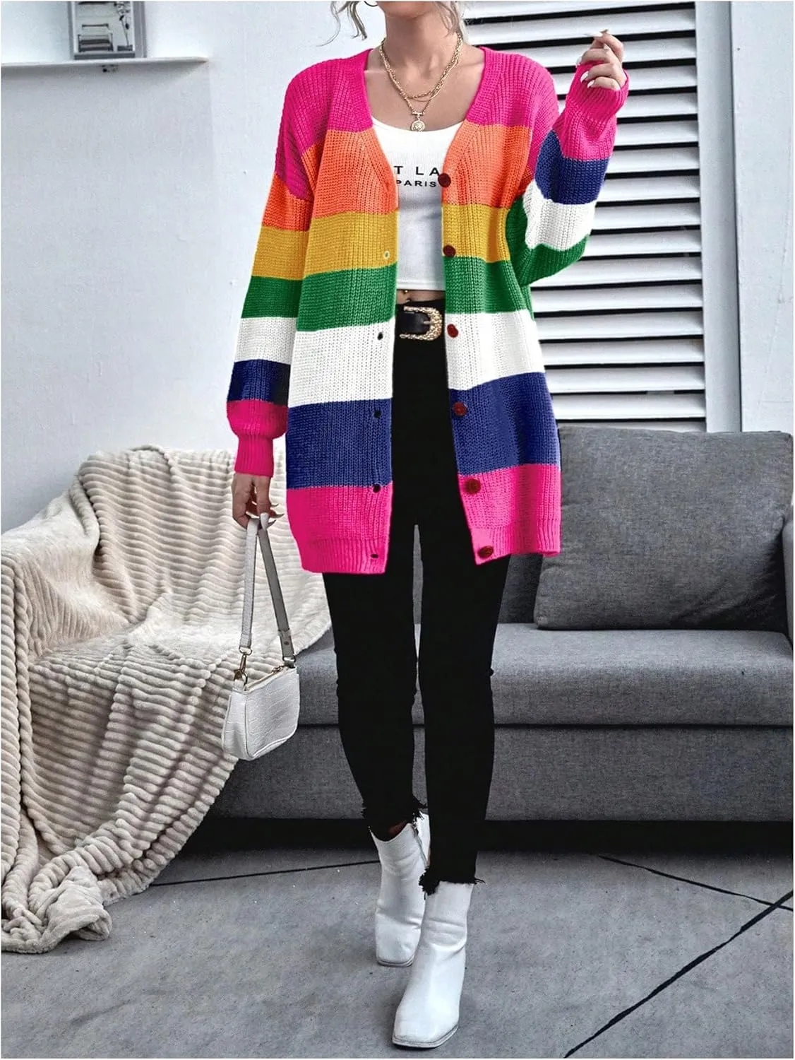 Floerns Women's Rainbow Striped Print Button Front Long Sleeve Cardigan Sweater