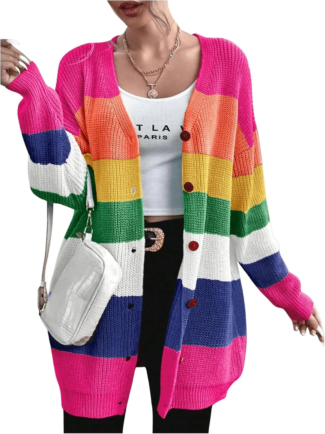 Floerns Women's Rainbow Striped Print Button Front Long Sleeve Cardigan Sweater