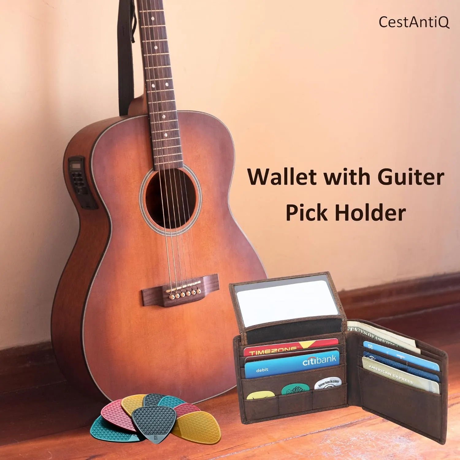 Full Grain Leather RFID Blocking Bifold Wallet for Men with Guitar Pick Holder, Slim Leather Billfold, Classic Gift Wallet (Pass Case Wallet, Brown)