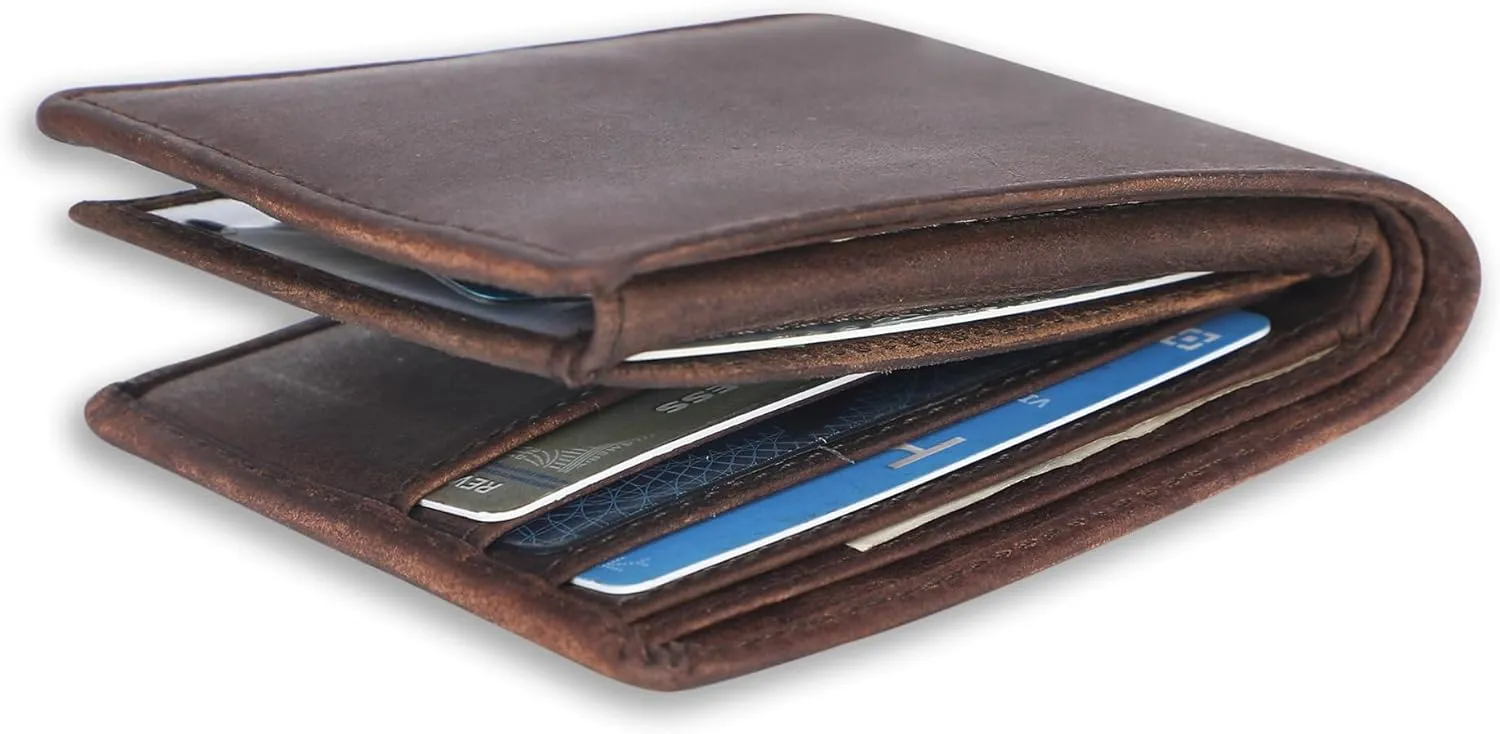 Full Grain Leather RFID Blocking Bifold Wallet for Men with Guitar Pick Holder, Slim Leather Billfold, Classic Gift Wallet (Pass Case Wallet, Brown)