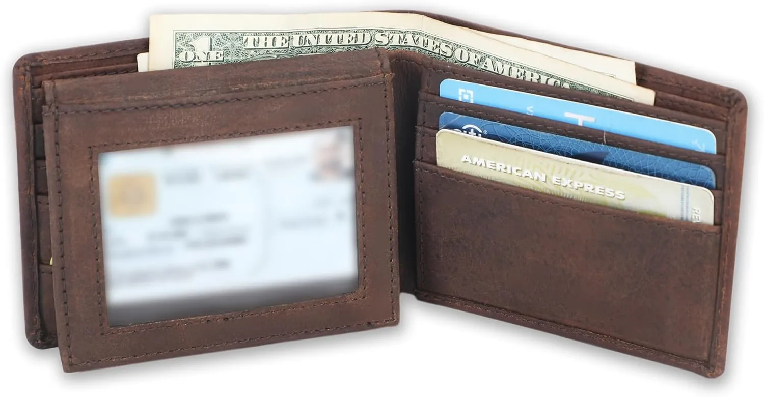 Full Grain Leather RFID Blocking Bifold Wallet for Men with Guitar Pick Holder, Slim Leather Billfold, Classic Gift Wallet (Pass Case Wallet, Brown)