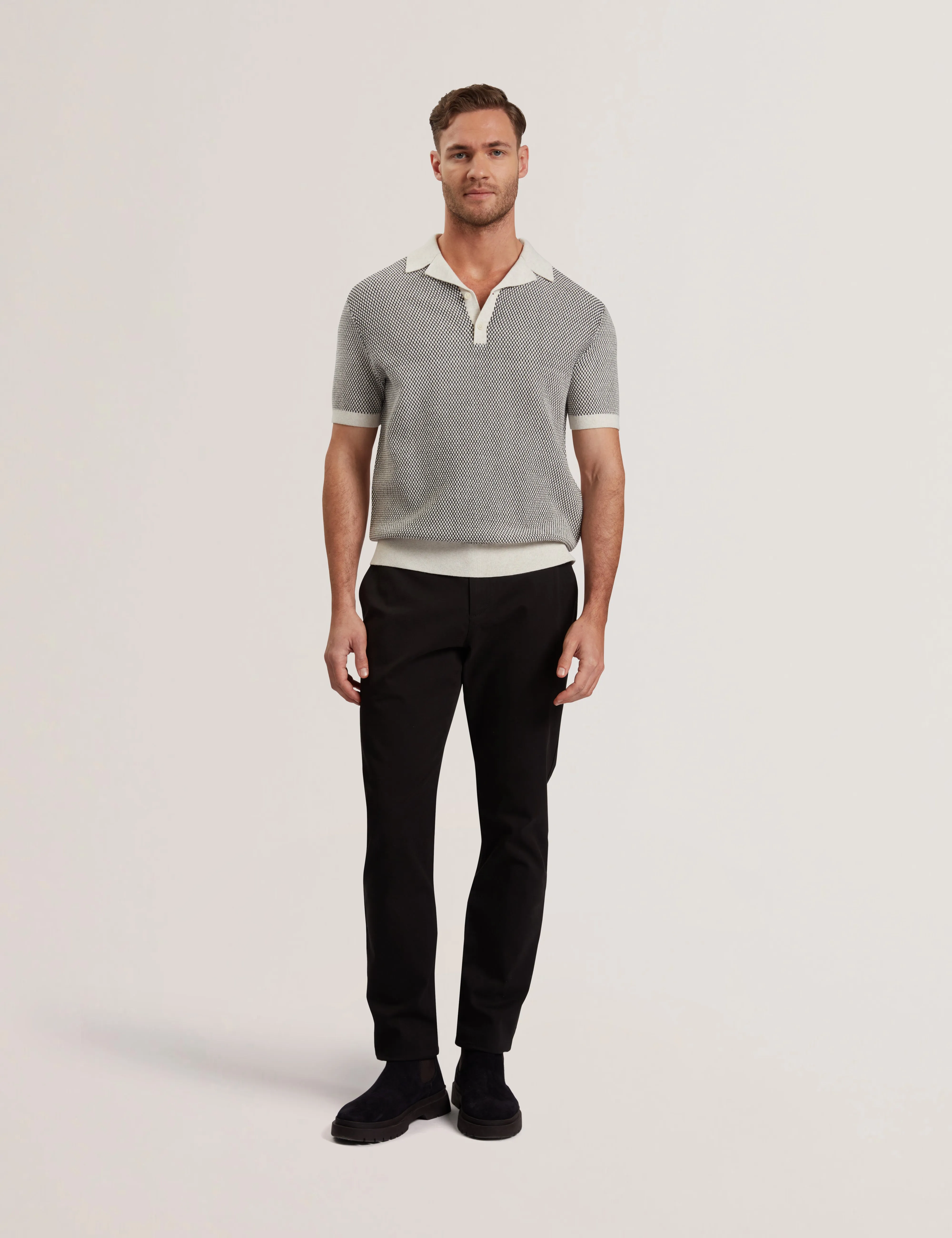 Gregry Short Sleeve Small Stitch Knitted Polo Shirt Natural