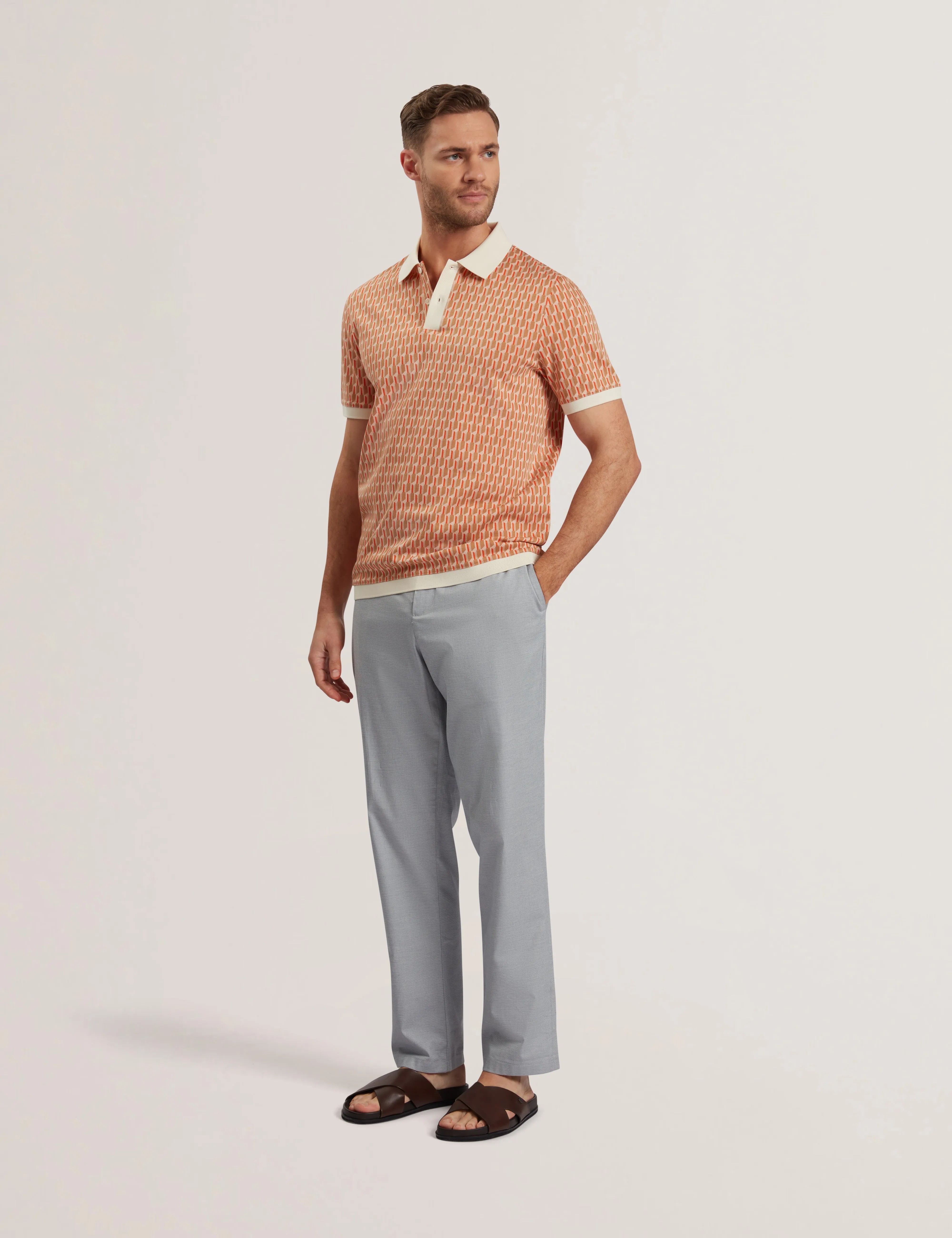 Hamishs Short Sleeve Jacquard Stripe Geo Polo Camel
