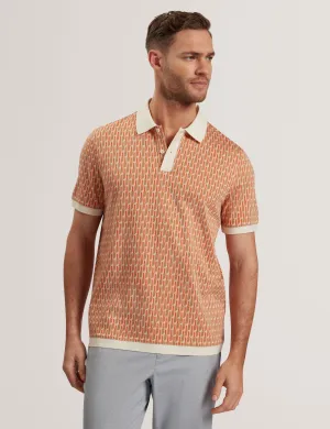 Hamishs Short Sleeve Jacquard Stripe Geo Polo Camel
