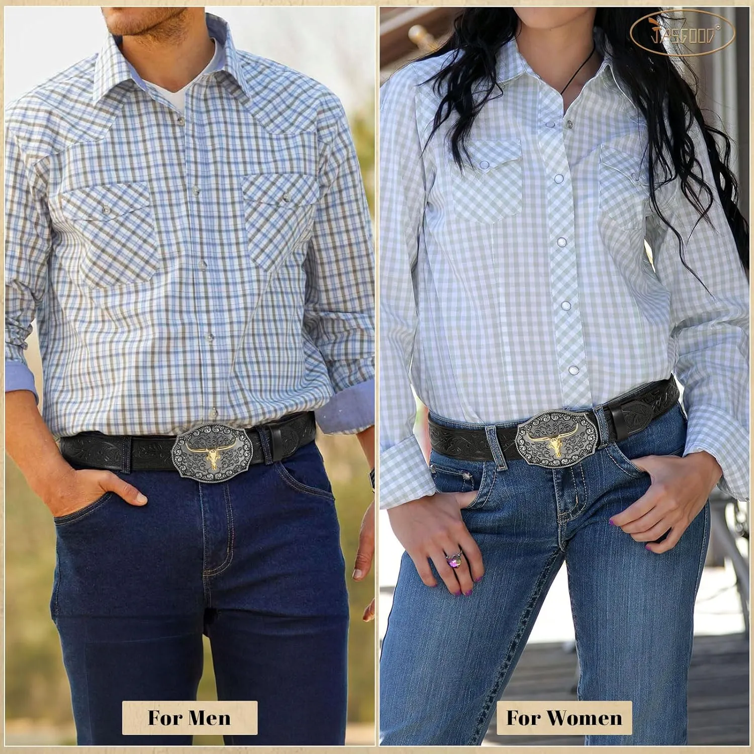 JASGOOD Men Leather Western Belt, Cowboy Cowgirl Country Belt with Longhorn Cow Vintage Engraved Buckle Belt for Jeans