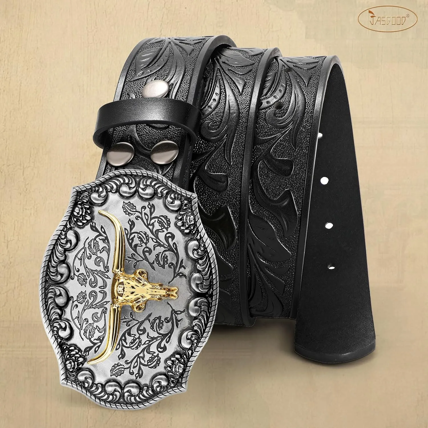 JASGOOD Men Leather Western Belt, Cowboy Cowgirl Country Belt with Longhorn Cow Vintage Engraved Buckle Belt for Jeans