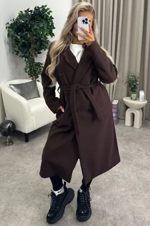 Kennie Brown Wool Button Up Belted Trench Longline Coat