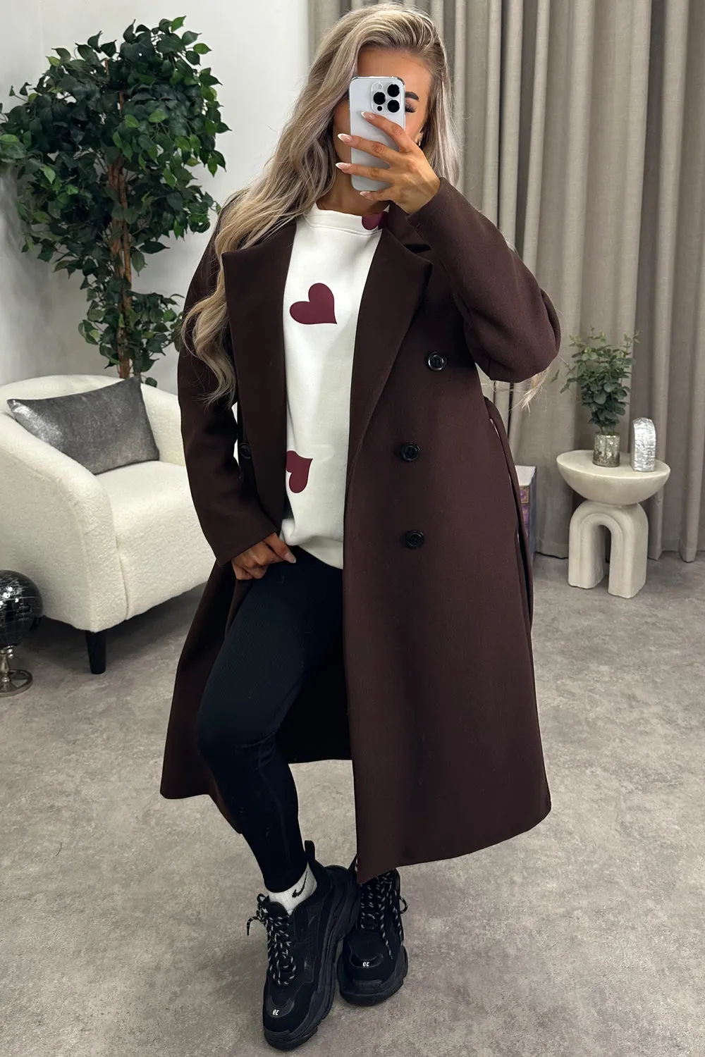 Kennie Brown Wool Button Up Belted Trench Longline Coat