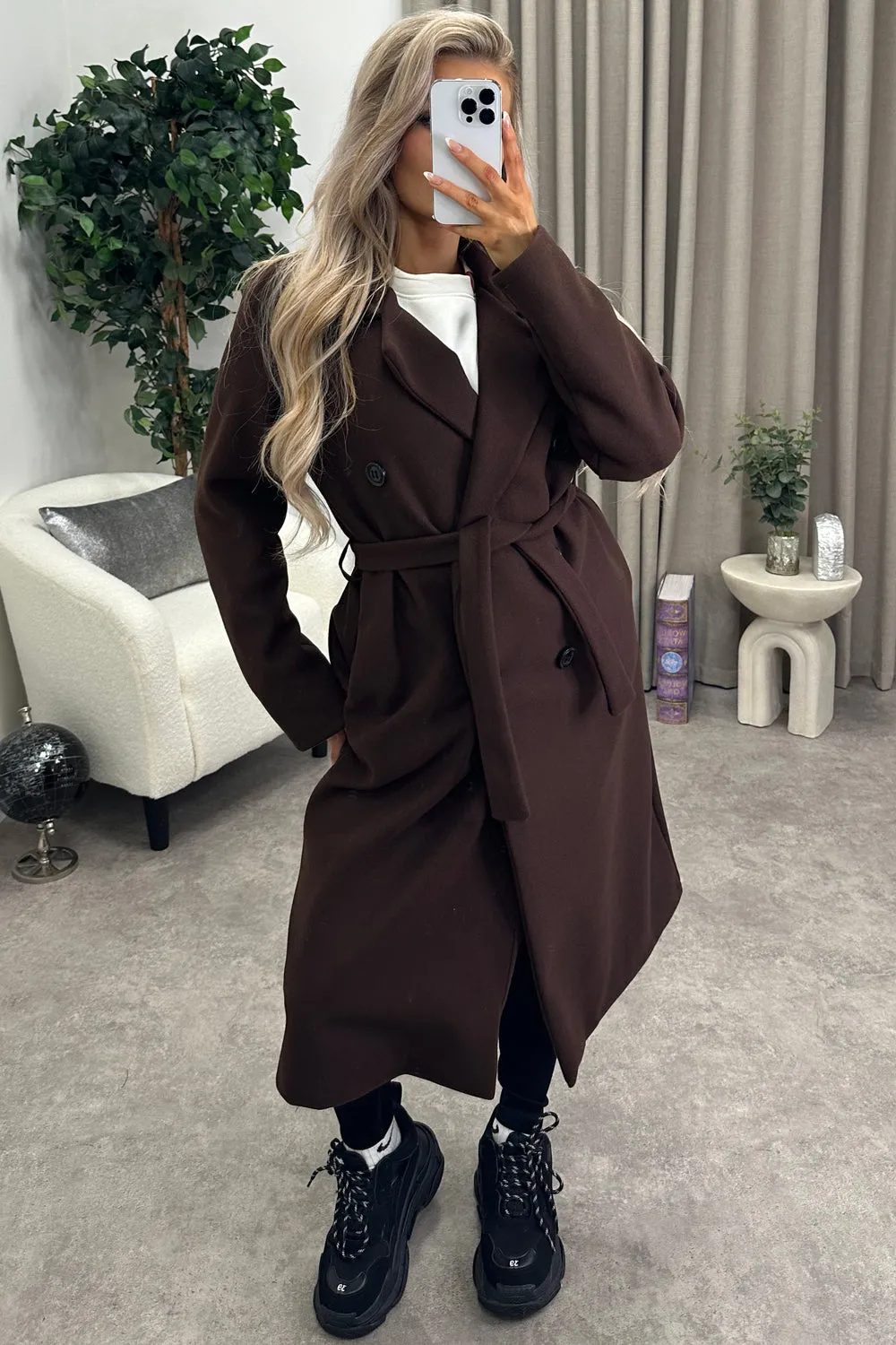 Kennie Brown Wool Button Up Belted Trench Longline Coat