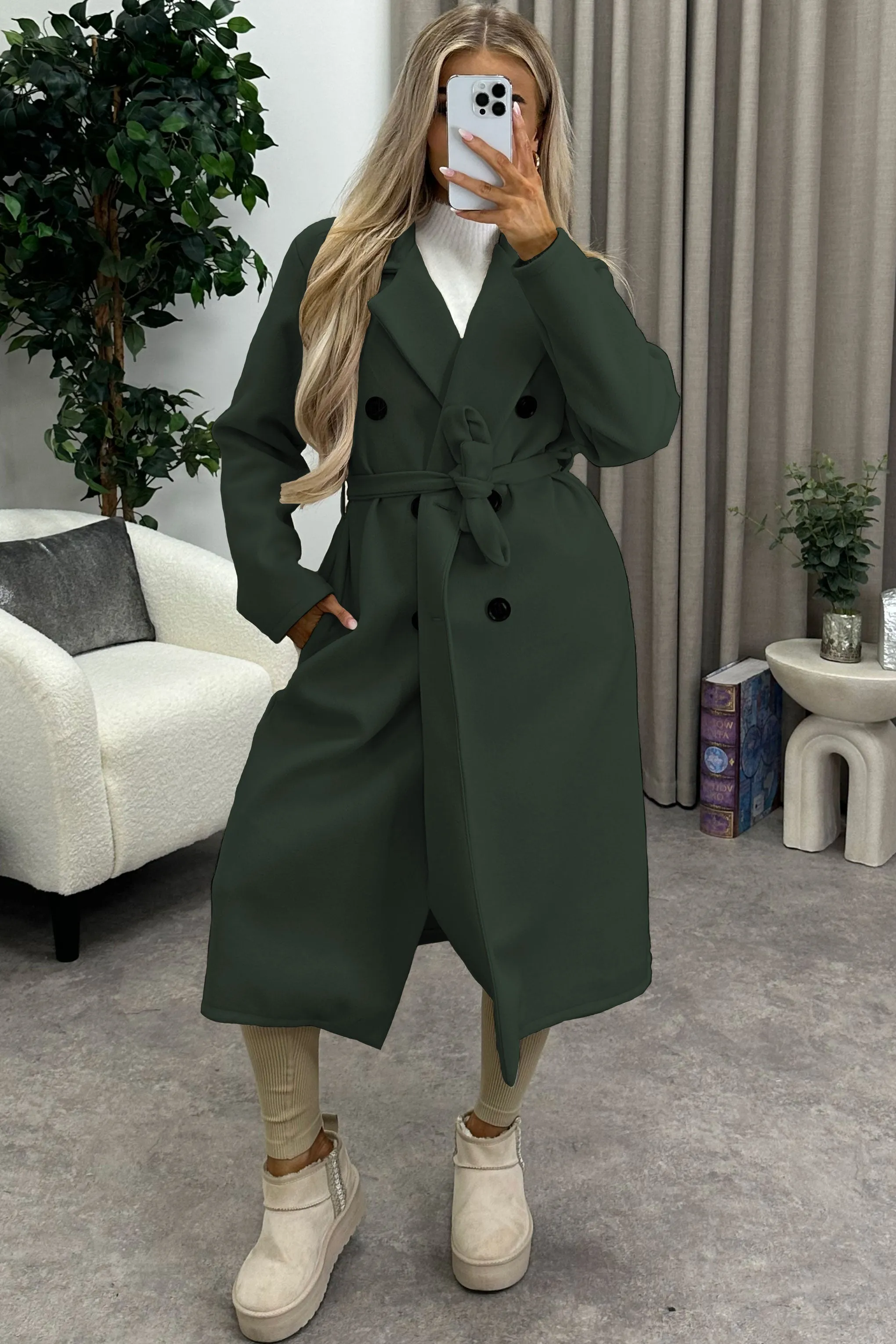 Kennie Khaki Wool Button Up Belted Trench Longline Coat