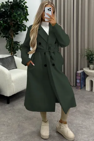 Kennie Khaki Wool Button Up Belted Trench Longline Coat