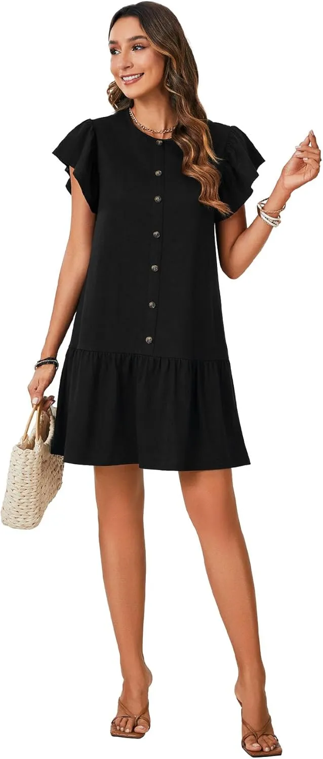 KIFOVEN Womens Summer Dress Button Down Flared Short Sleeve Flowy A-Line T Shirt Tunic Babydoll Short Mini Dress