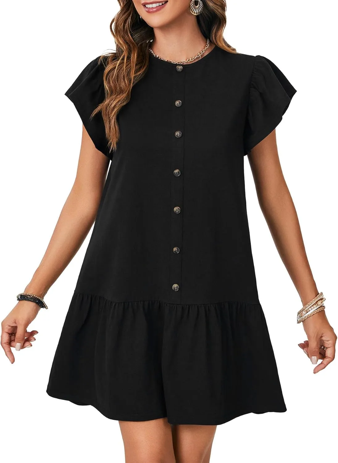 KIFOVEN Womens Summer Dress Button Down Flared Short Sleeve Flowy A-Line T Shirt Tunic Babydoll Short Mini Dress