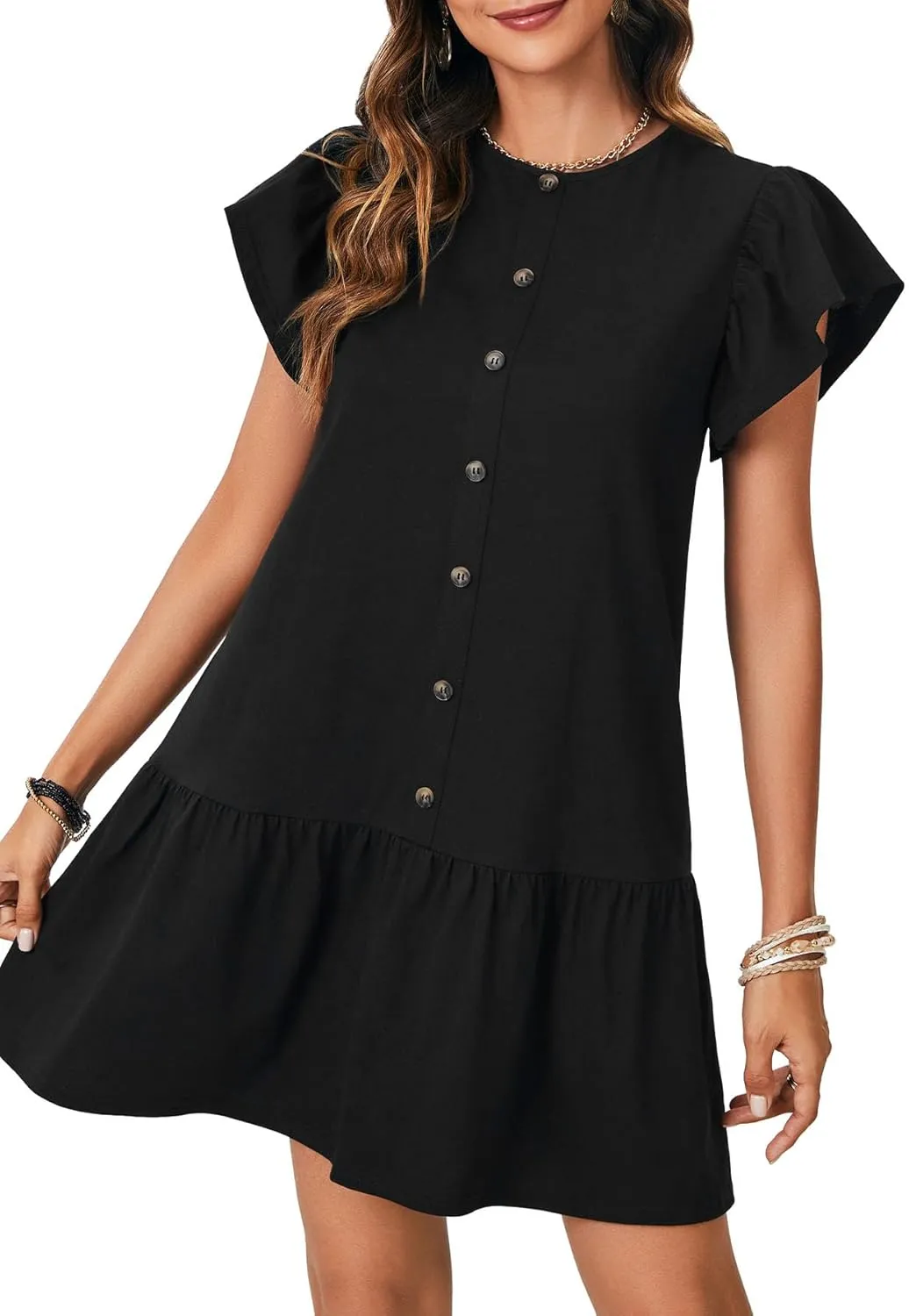 KIFOVEN Womens Summer Dress Button Down Flared Short Sleeve Flowy A-Line T Shirt Tunic Babydoll Short Mini Dress