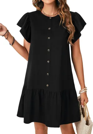 KIFOVEN Womens Summer Dress Button Down Flared Short Sleeve Flowy A-Line T Shirt Tunic Babydoll Short Mini Dress