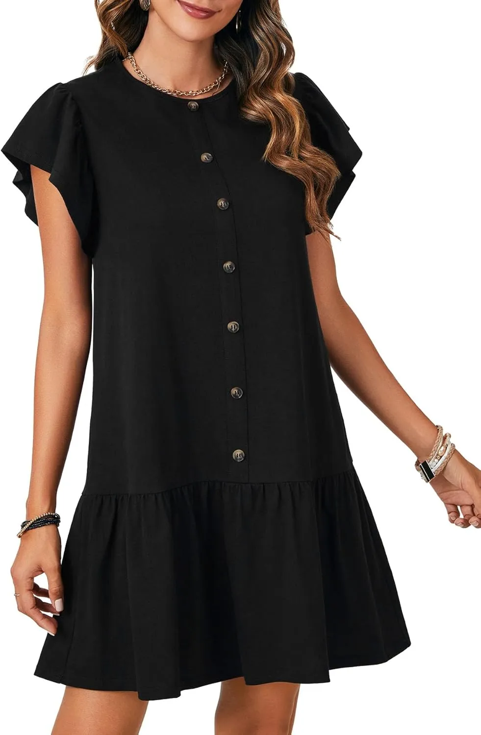 KIFOVEN Womens Summer Dress Button Down Flared Short Sleeve Flowy A-Line T Shirt Tunic Babydoll Short Mini Dress