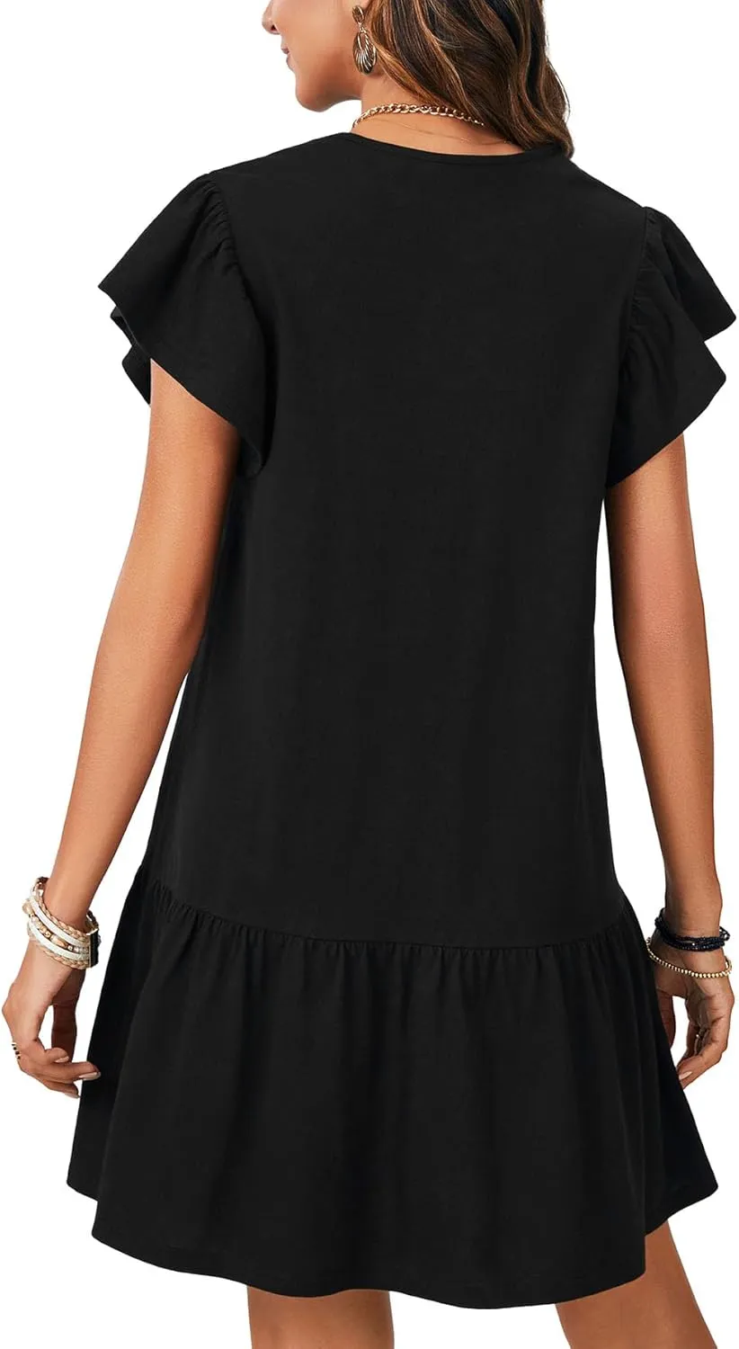 KIFOVEN Womens Summer Dress Button Down Flared Short Sleeve Flowy A-Line T Shirt Tunic Babydoll Short Mini Dress