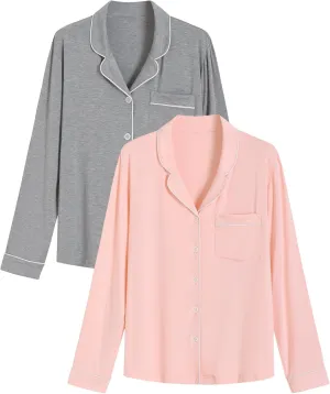 Latuza Women's 2 Pack Viscose Pajama Top Long Sleeve Button Down Shirt