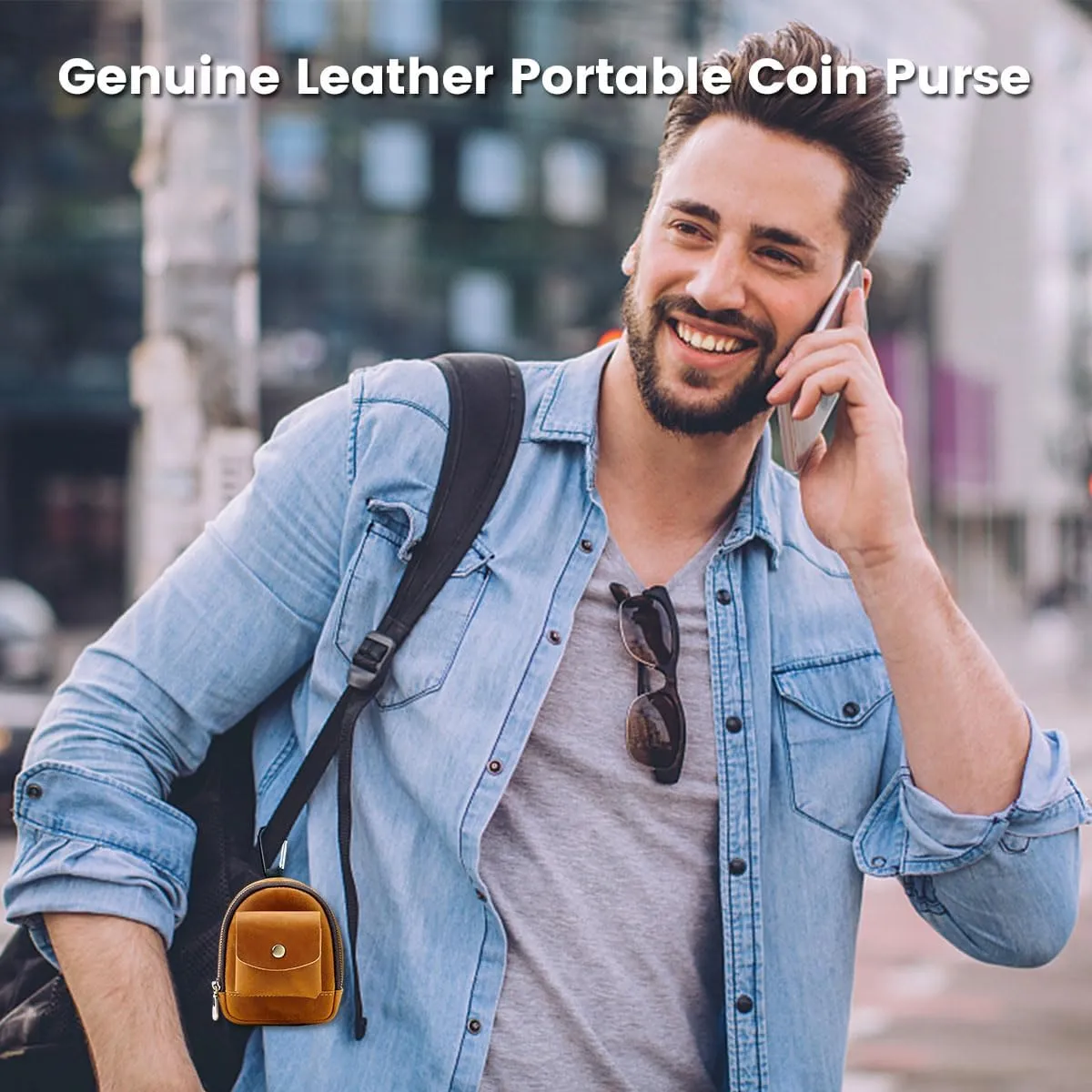 Leather Coin Purse, Soft Change Purse with Hook and 2 Pockets, Mini Coin Pouch Holder For Men Women (Black)