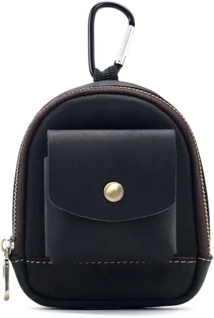Leather Coin Purse, Soft Change Purse with Hook and 2 Pockets, Mini Coin Pouch Holder For Men Women (Black)