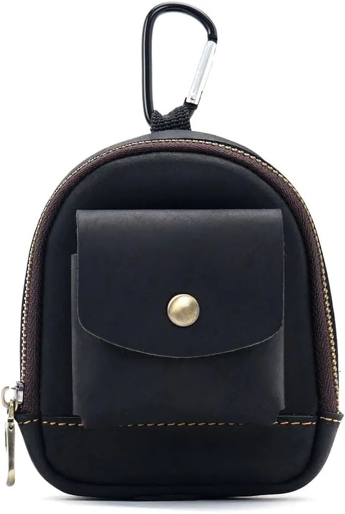 Leather Coin Purse, Soft Change Purse with Hook and 2 Pockets, Mini Coin Pouch Holder For Men Women (Black)