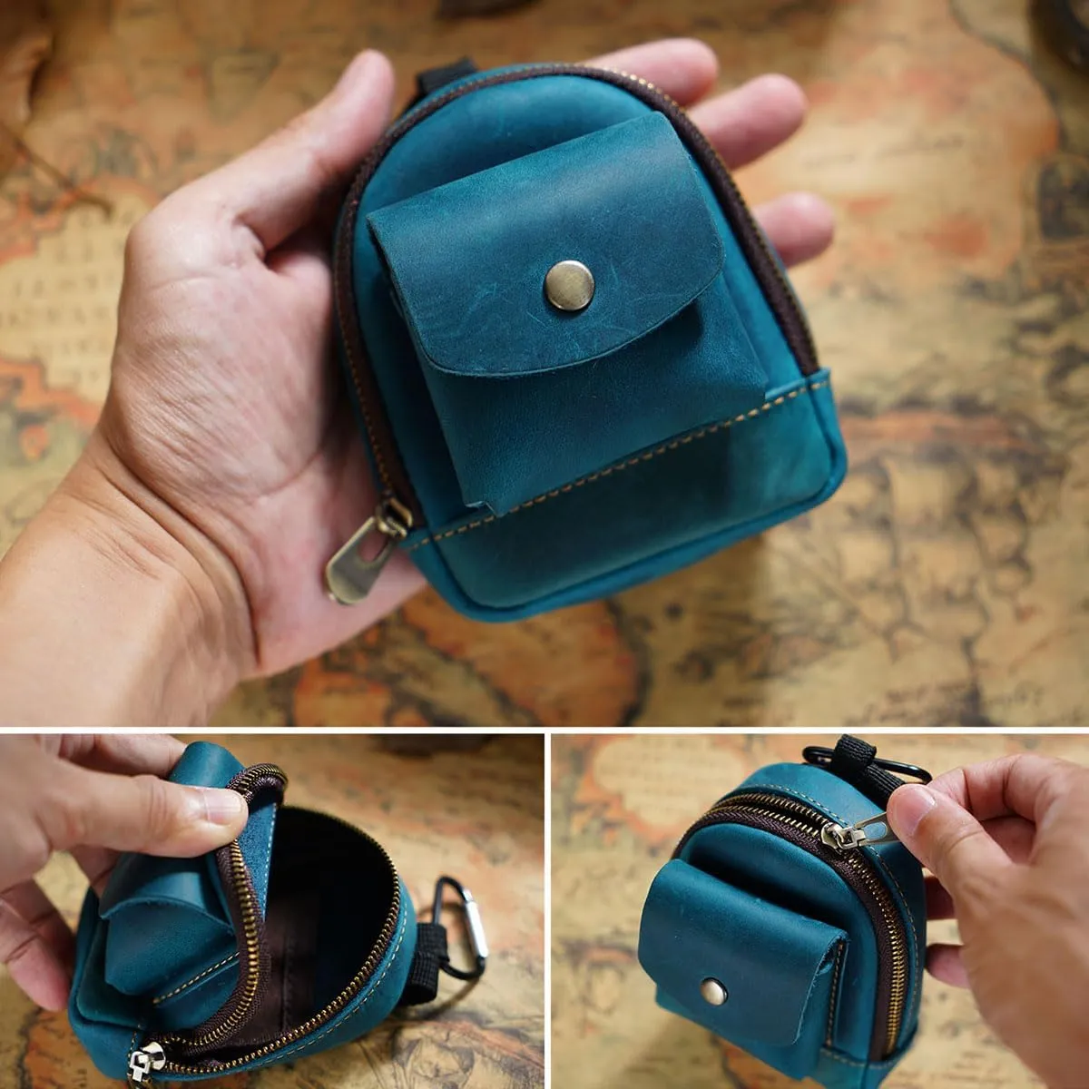 Leather Coin Purse, Soft Change Purse with Hook and 2 Pockets, Mini Coin Pouch Holder For Men Women (Black)