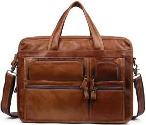 Leather Top Layer Cowhide Business Work Briefcase Shoulder Laptop Bag for Men