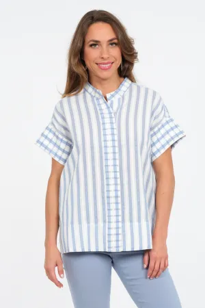 LIOR Women's Short Sleeve Blue Striped Tunic Top With Side Pockets - "Heart"
