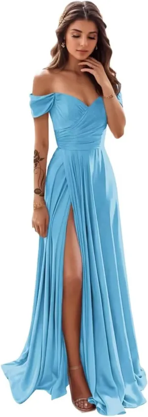 LORIE Womens Off Shoulder Bridesmaid Dresses for Wedding Long Ruched Satin Prom Dress 2025 with Slit Formal Evening Gowns