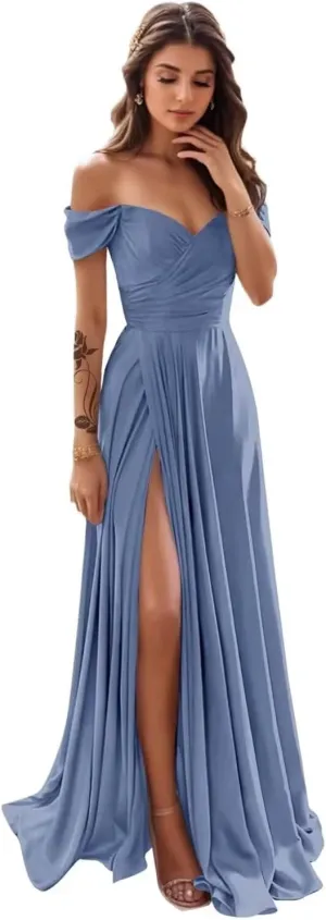 LORIE Womens Off Shoulder Bridesmaid Dresses for Wedding Long Ruched Satin Prom Dress 2025 with Slit Formal Evening Gowns