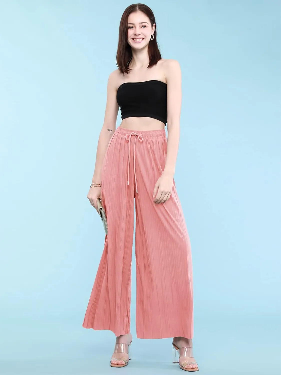 Made By Johnny Women's Pleated Wide Leg Palazzo Pants with Drawstring