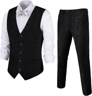 Men's Linen 2 Piece Suit Slim Fit Wedding Groomsmen Tuxedos Summer Beach Prom Vest Pants Set