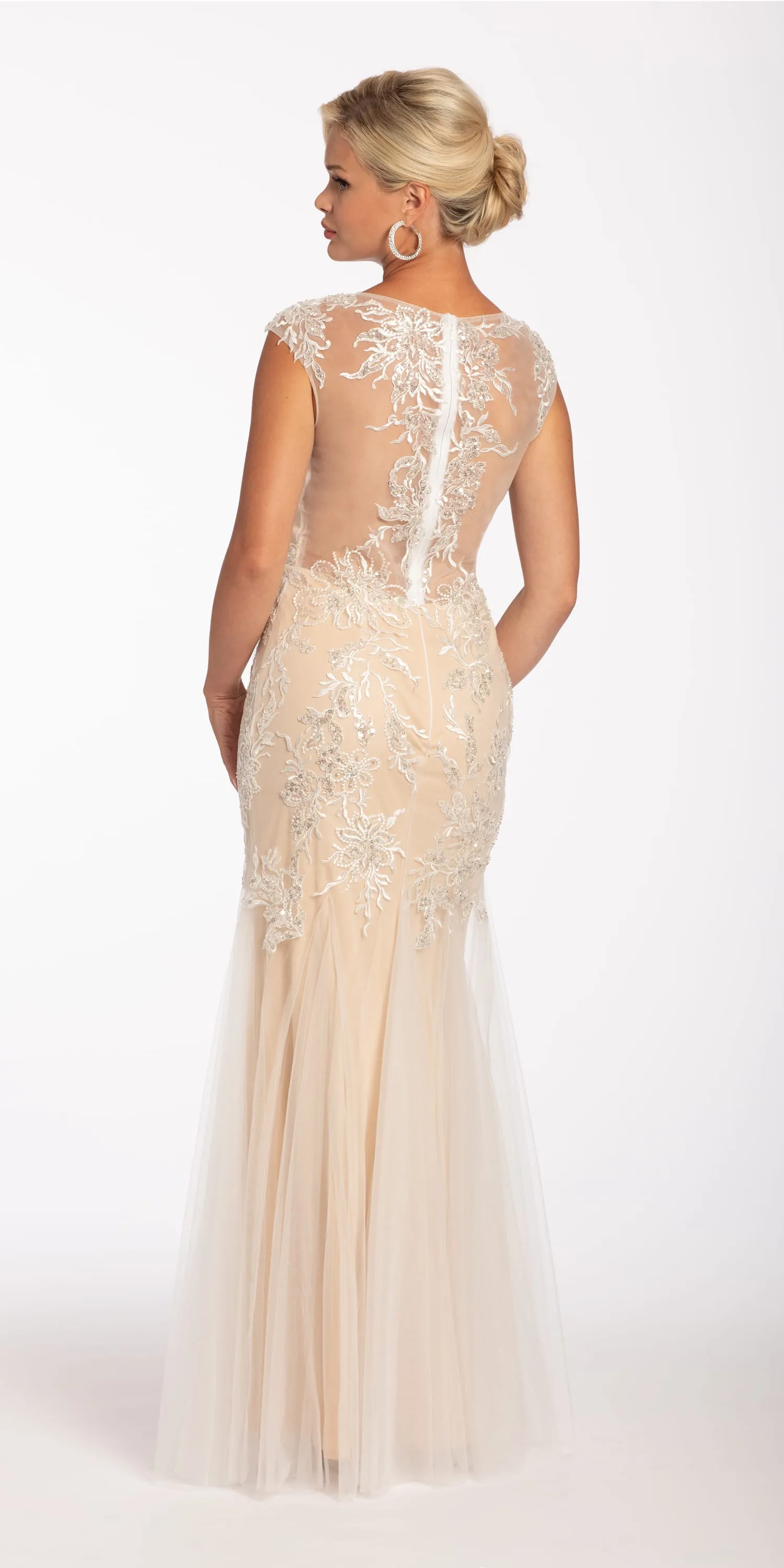 Mesh Embroidered Cap Sleeve Trumpet Dress