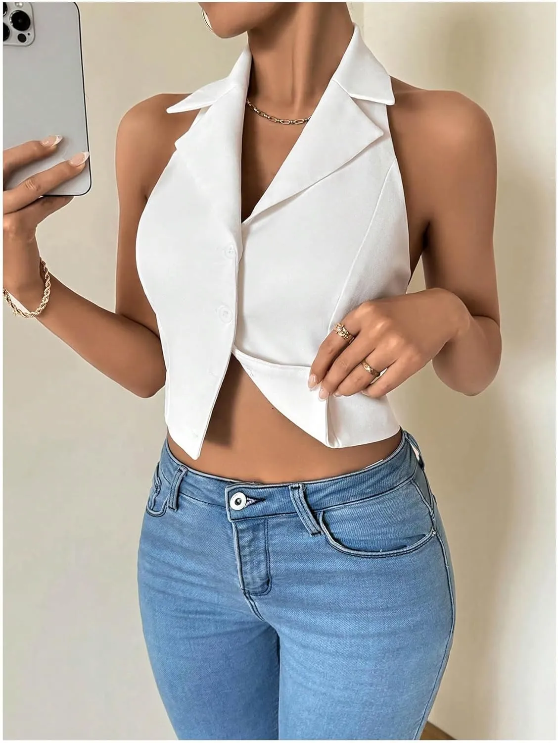 Milumia Women's Bow Backless Halter Button Front Blazer Vest Lapel V Neck Crop Tank Top
