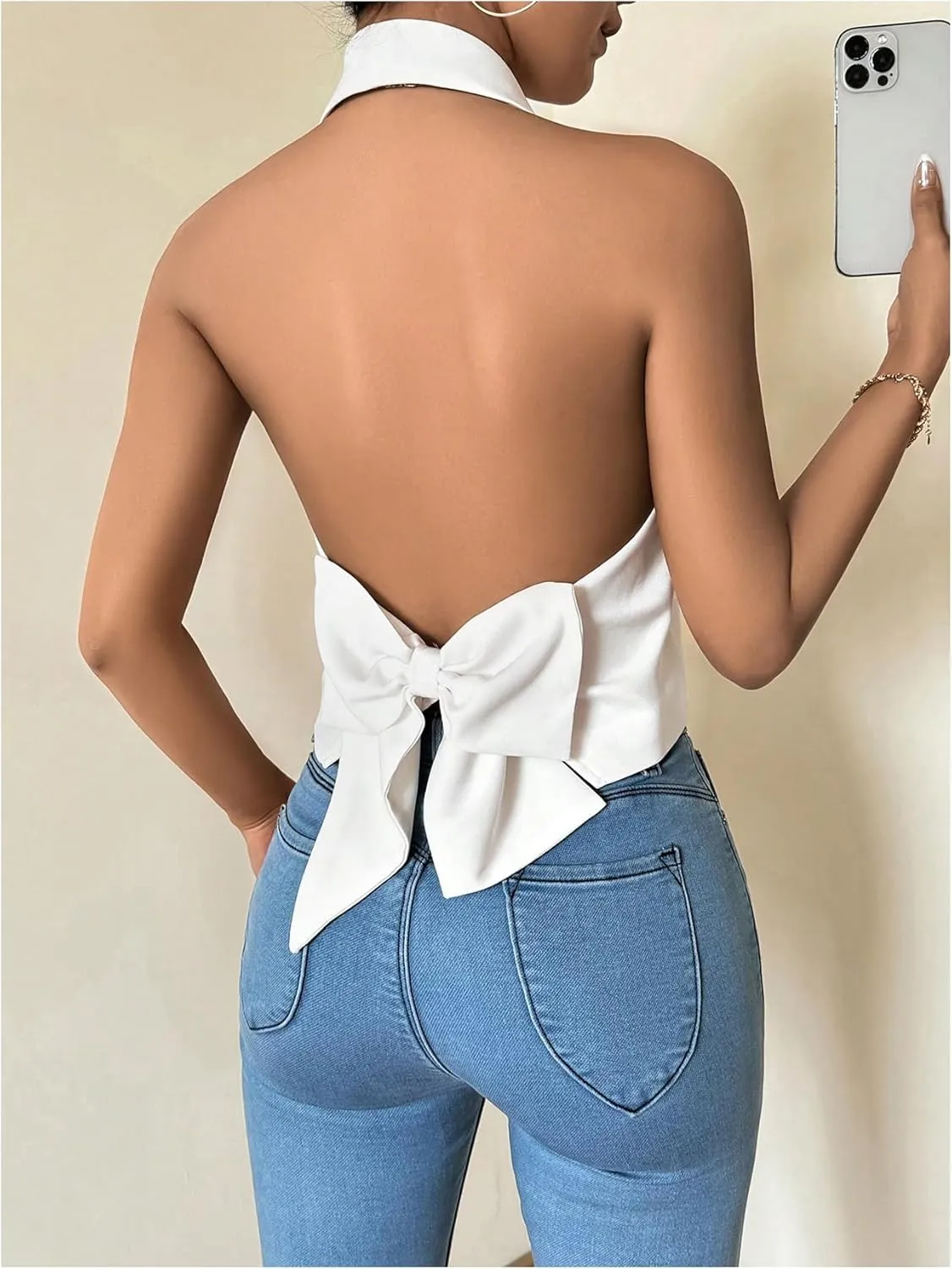 Milumia Women's Bow Backless Halter Button Front Blazer Vest Lapel V Neck Crop Tank Top