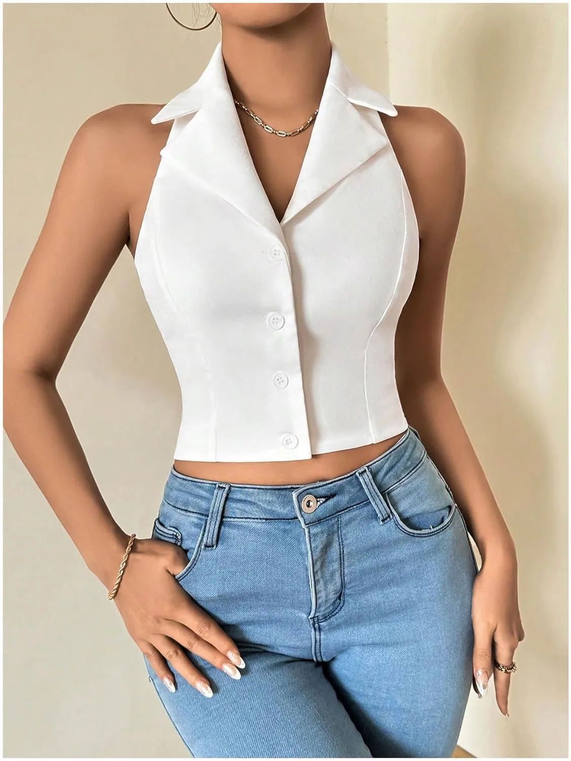 Milumia Women's Bow Backless Halter Button Front Blazer Vest Lapel V Neck Crop Tank Top