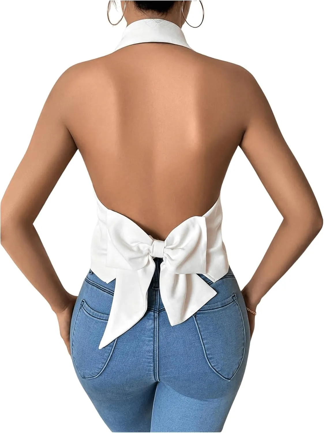 Milumia Women's Bow Backless Halter Button Front Blazer Vest Lapel V Neck Crop Tank Top