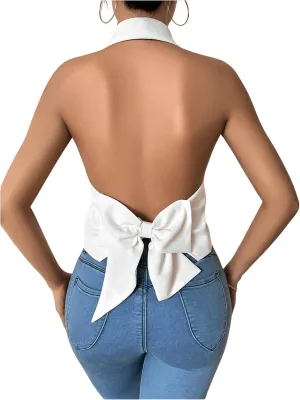 Milumia Women's Bow Backless Halter Button Front Blazer Vest Lapel V Neck Crop Tank Top