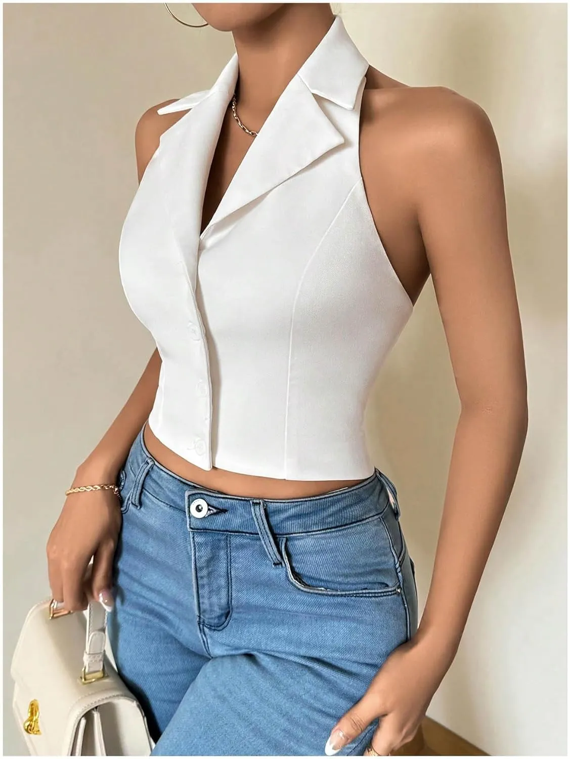 Milumia Women's Bow Backless Halter Button Front Blazer Vest Lapel V Neck Crop Tank Top