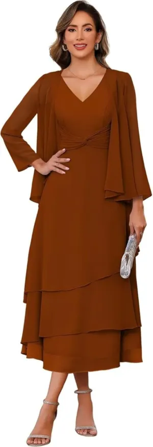 Mother of The Bride Dresses for Wedding Chiffon V Neck Long Sleeve Formal Evening Dress for Women