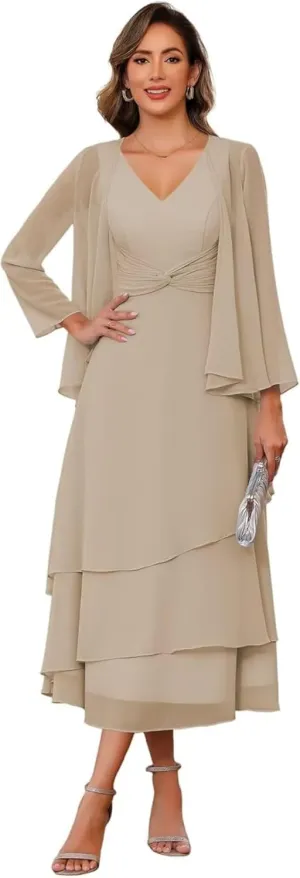 Mother of The Bride Dresses for Wedding Chiffon V Neck Long Sleeve Formal Evening Dress for Women