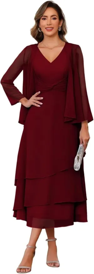 Mother of The Bride Dresses for Wedding Chiffon V Neck Long Sleeve Formal Evening Dress for Women