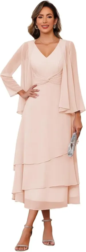 Mother of The Bride Dresses for Wedding Chiffon V Neck Long Sleeve Formal Evening Dress for Women
