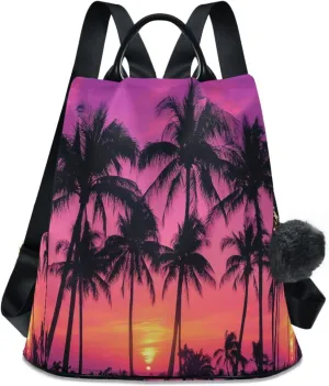 Palm Tree Sunset Purple Backpack Purse Anti-Theft Casual Travel Rucksack Fashion Lightweight Shoulder Bag for Ladies Bookbag Purses
